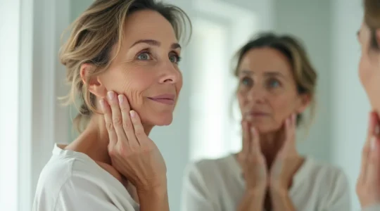 Femme se regardant dans un miroir pour évaluer les signes de relâchement du bas du visage