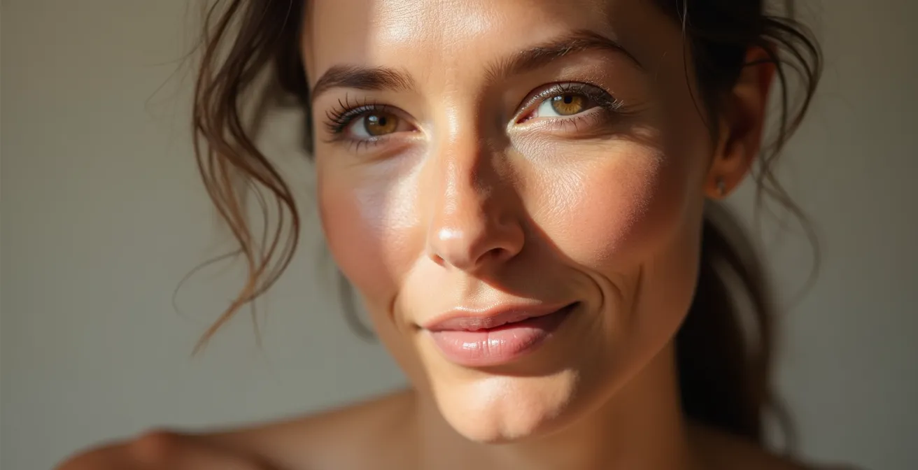 Femme utilisant la technique de lumière zénithale pour évaluer le relâchement cutané de son visage