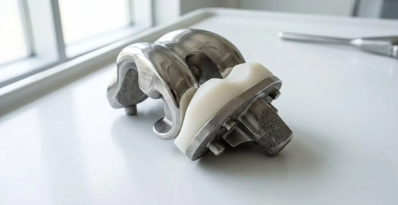 Gros plan sur un implant de prothèse de genou métallique posé sur une surface médicale blanche moderne