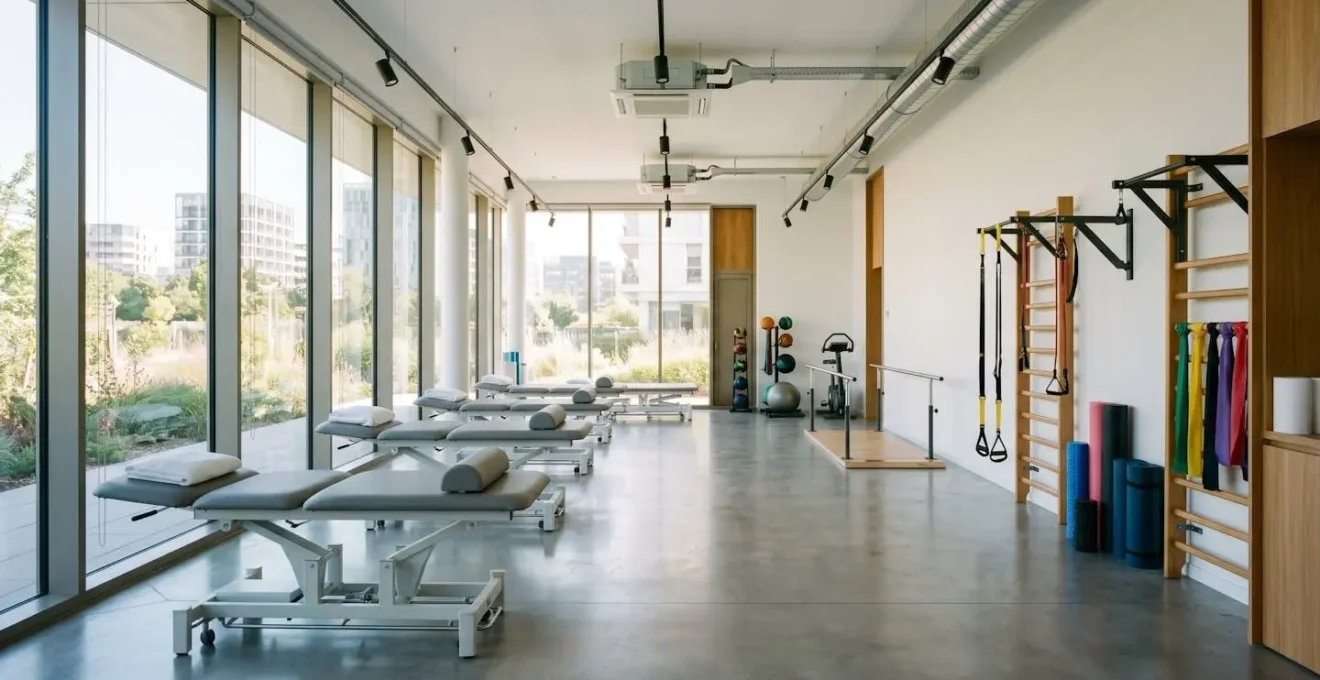 Salle de rééducation moderne lumineuse avec équipements de kinésithérapie, vélos stationnaires et barres parallèles, architecture contemporaine française